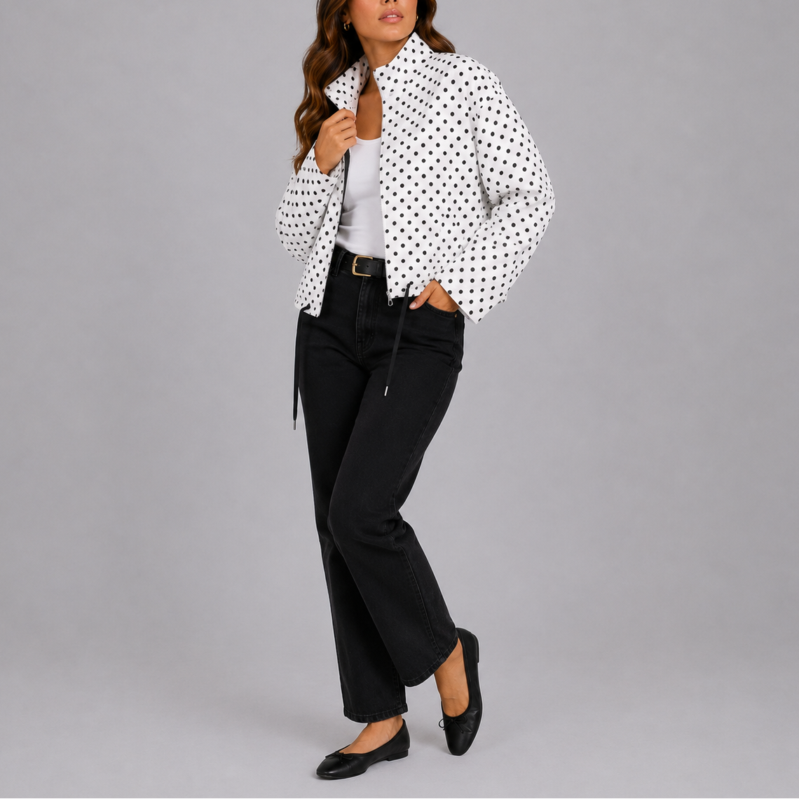Mirelle Polka Dot Stand-Collar Bomber Jacket