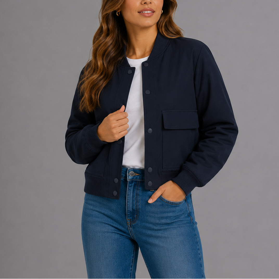 Natalie Snap-Button Utility Bomber Jacket