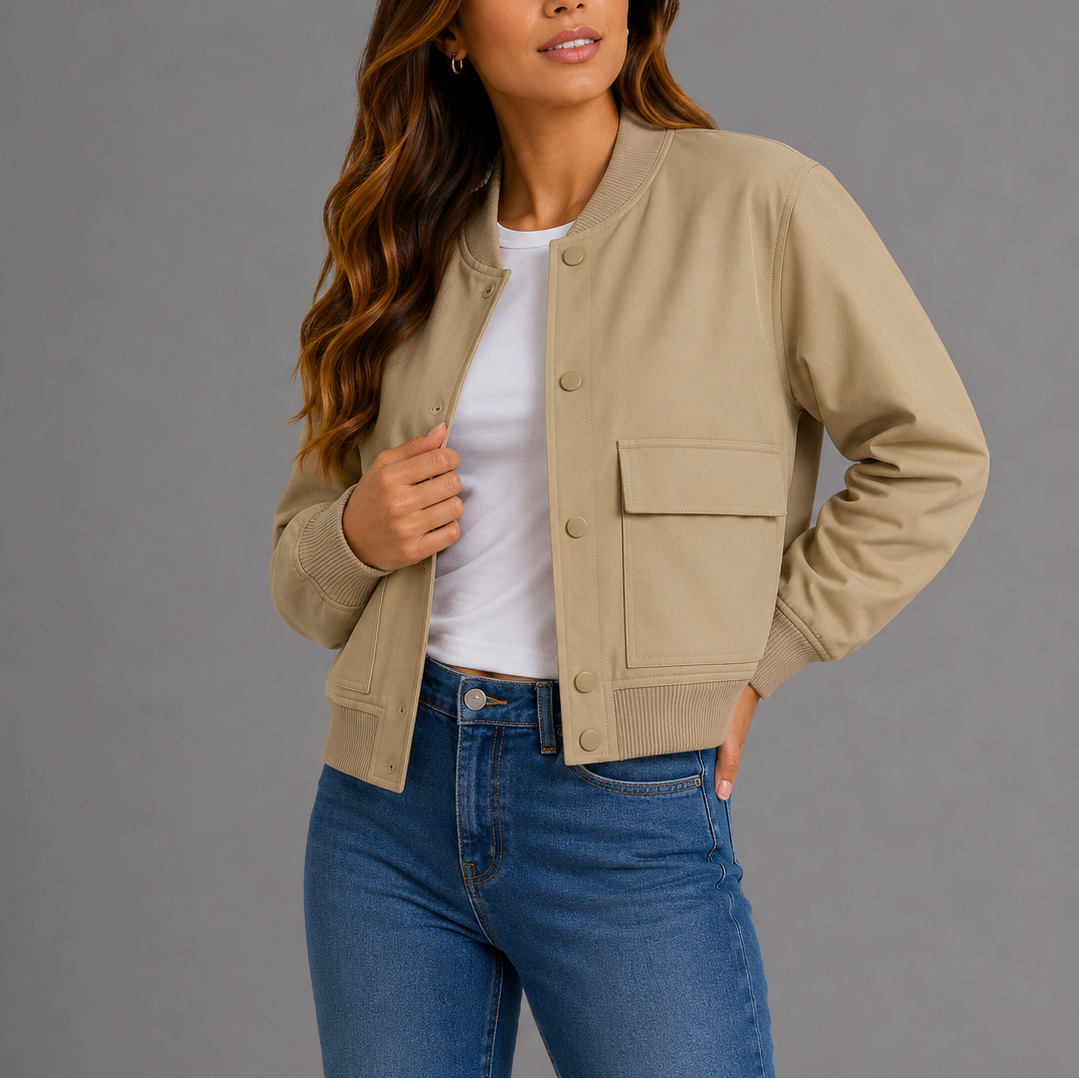 Natalie Snap-Button Utility Bomber Jacket