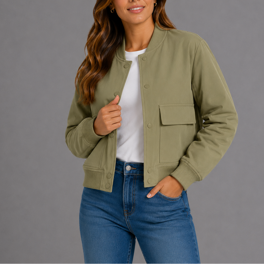 Natalie Snap-Button Utility Bomber Jacket