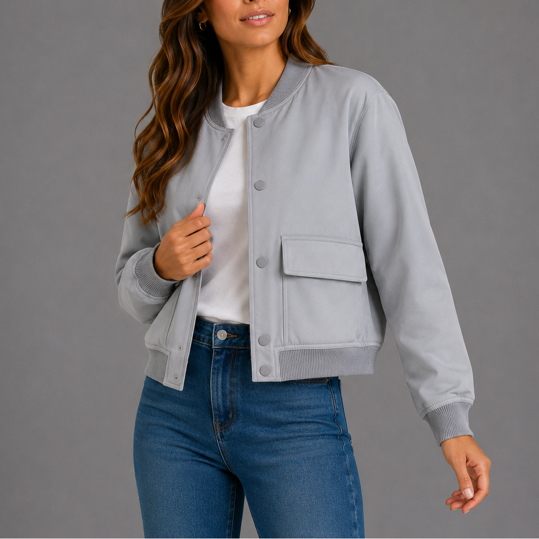 Natalie Snap-Button Utility Bomber Jacket