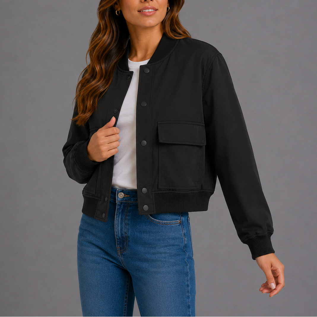Natalie Snap-Button Utility Bomber Jacket