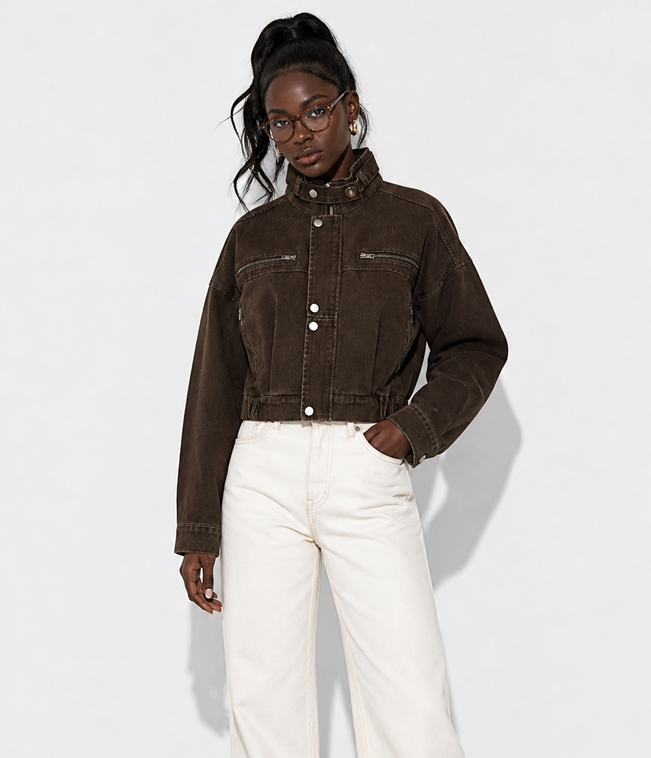 Noemi High-Neck Cropped Denim Utility Jacket