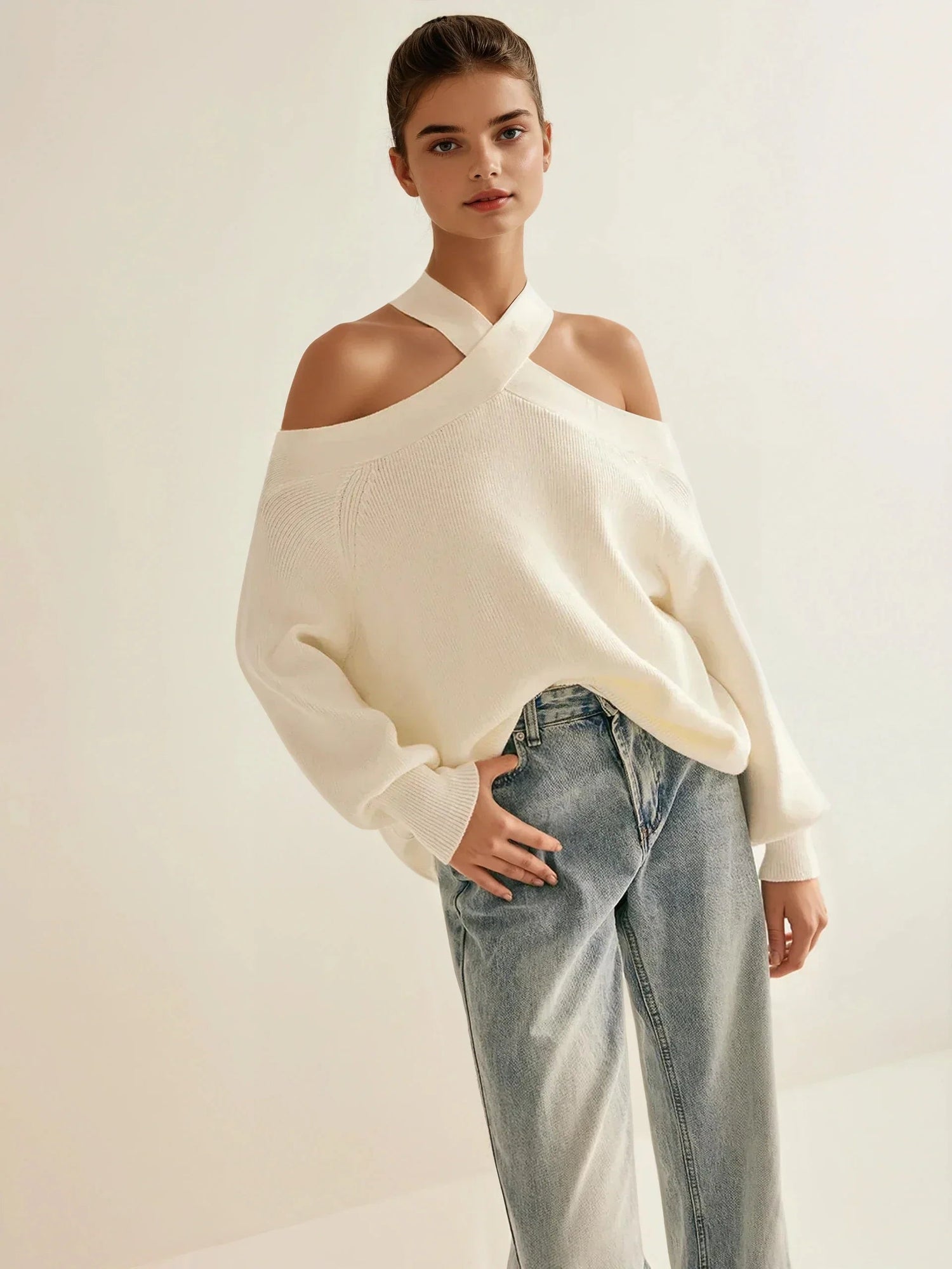 Elenie Off-Shoulder Crisscross Knit Sweater