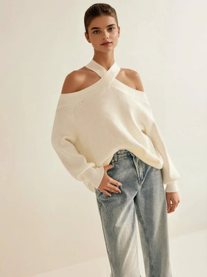 Elenie Off-Shoulder Crisscross Knit Sweater