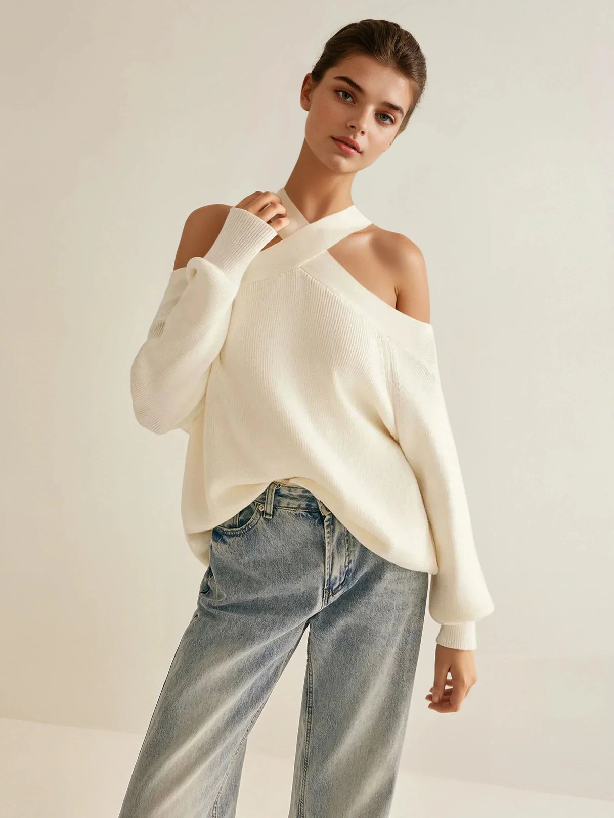Elenie Off-Shoulder Crisscross Knit Sweater