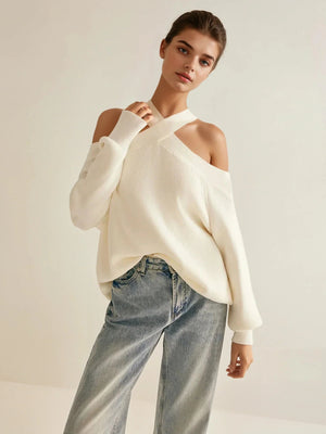 Elenie Off-Shoulder Crisscross Knit Sweater