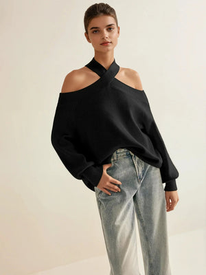Elenie Off-Shoulder Crisscross Knit Sweater