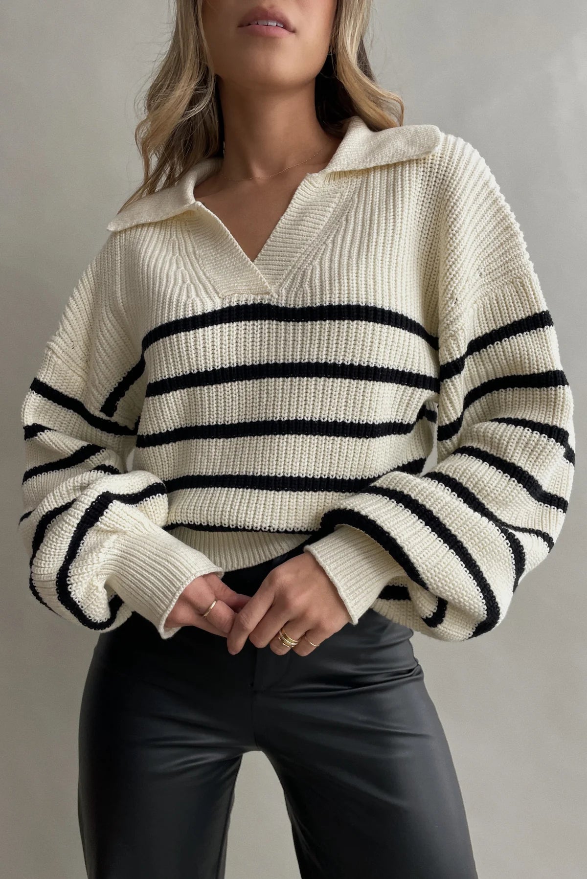 Paloma Striped Open-Collar Relaxed Knit Sweater