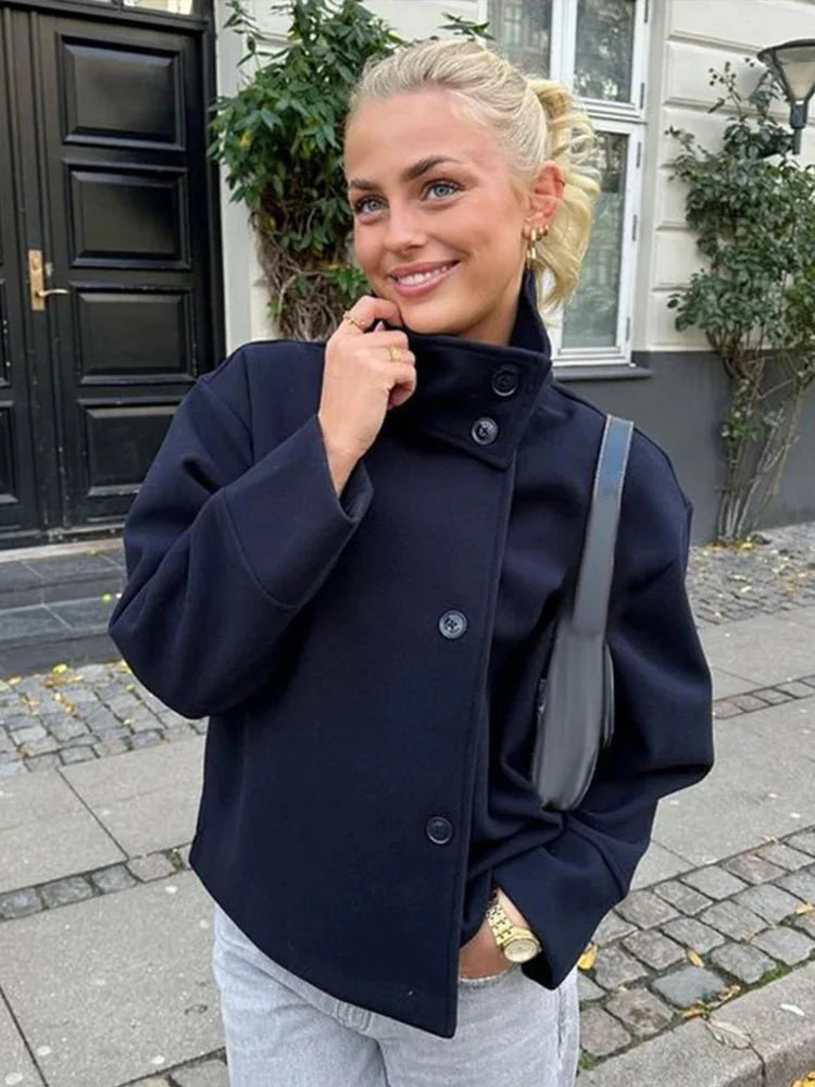 Structured Button-Up Wool Blend Jacket