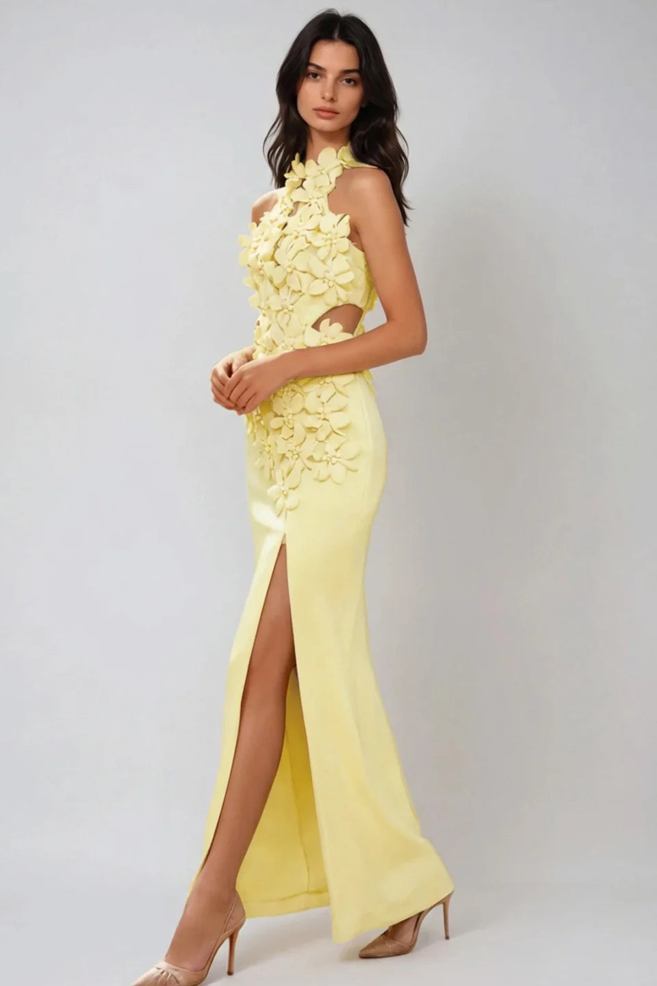 Rosalie Sculpted Flower Halter Maxi Dress