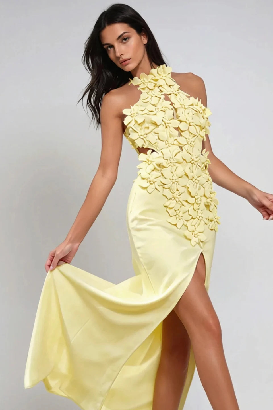 Rosalie Sculpted Flower Halter Maxi Dress