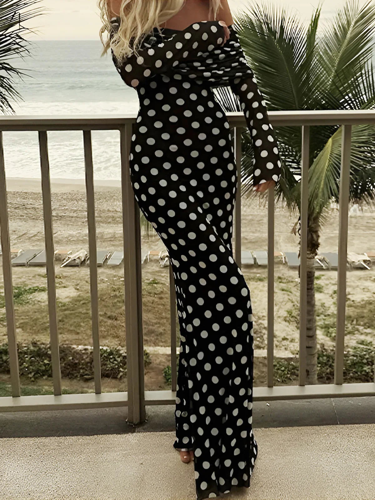 Rosavelle Ruched Off-Shoulder Polka Dot Maxi Dress