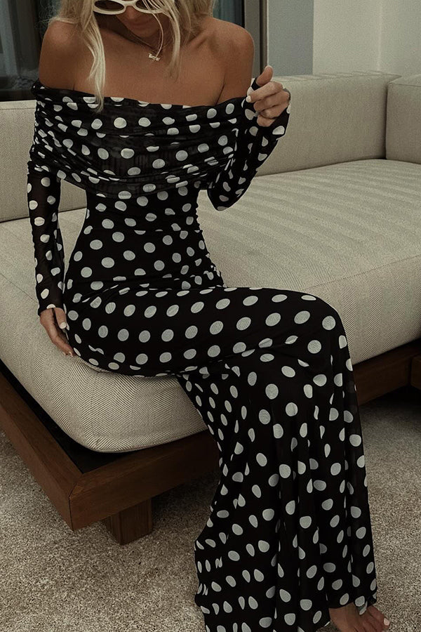 Rosavelle Ruched Off-Shoulder Polka Dot Maxi Dress