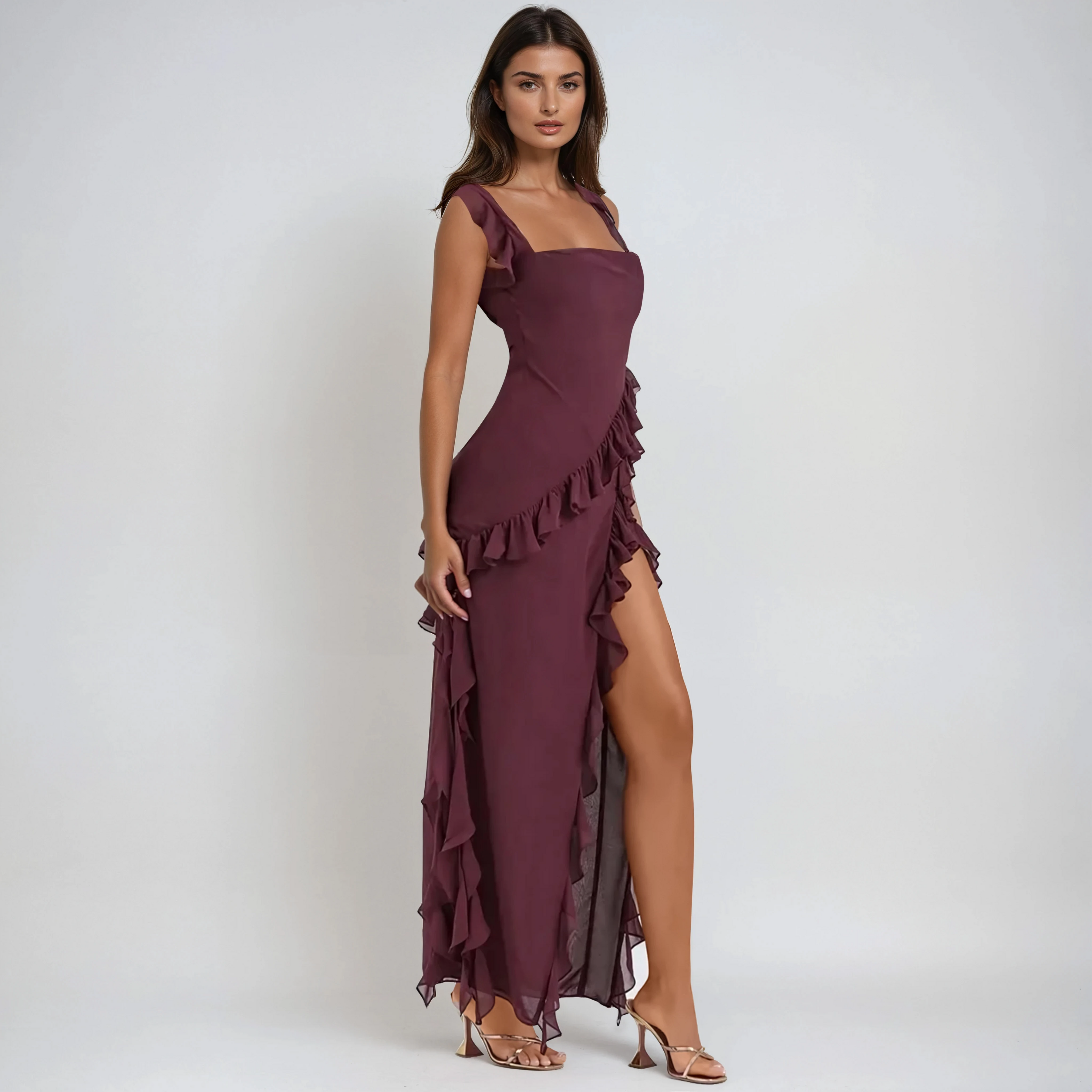 Rosavelle Ruffle Slit Evening Maxi Dress