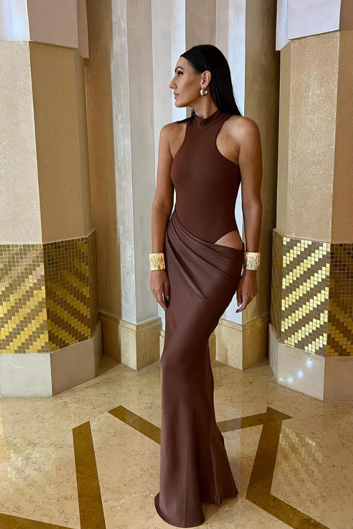 Selene Sculpted Draped Evening Maxi Dress