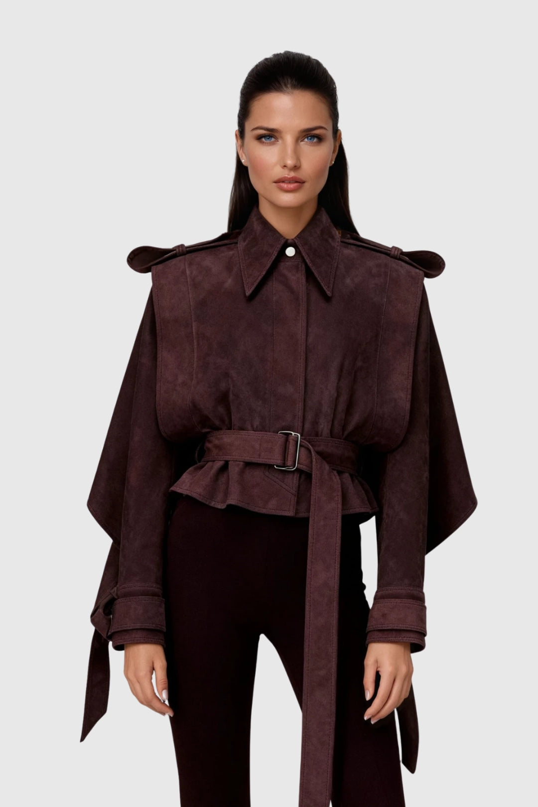 Seraphina Belted Suede Lapel Cape Jacket