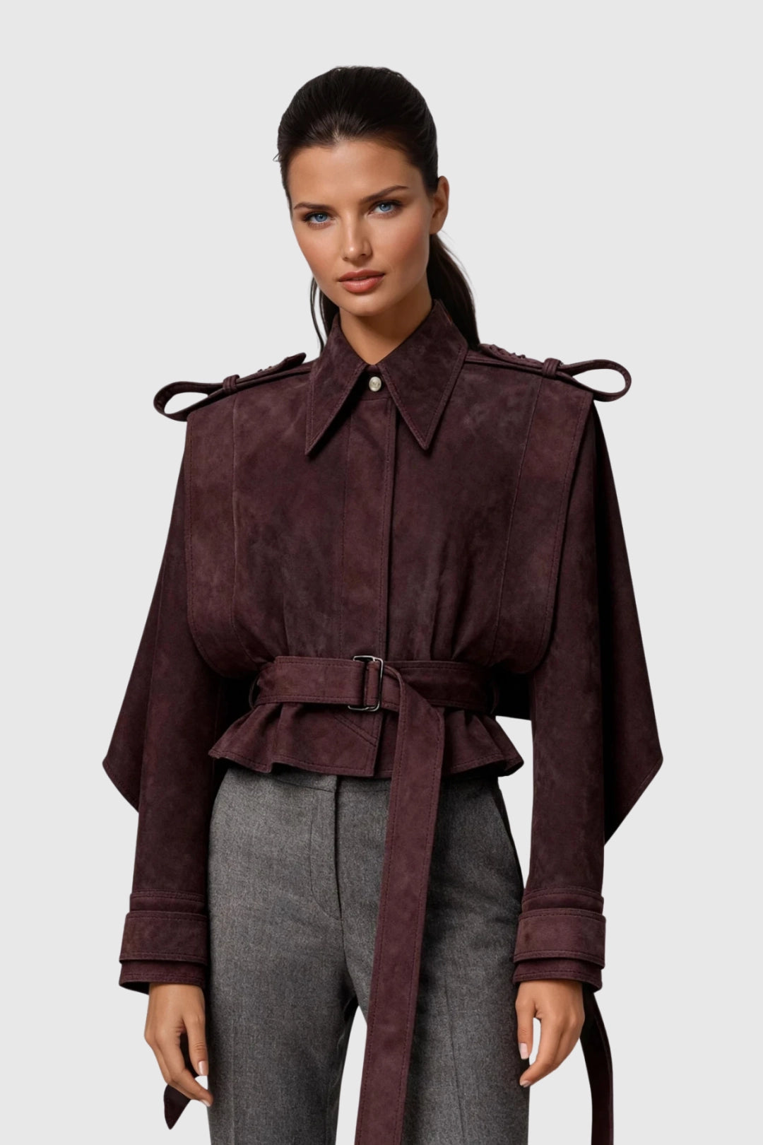 Seraphina Belted Suede Lapel Cape Jacket