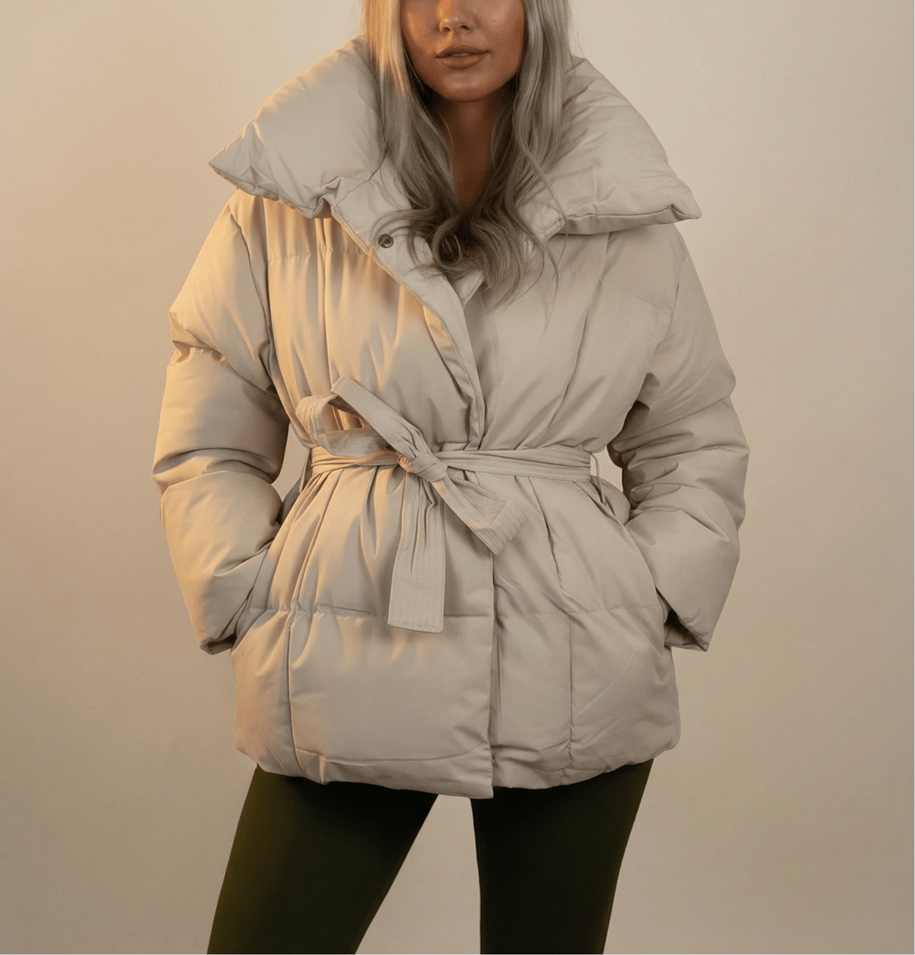 Serena Belted High-Collar Winter Puffer Jacket