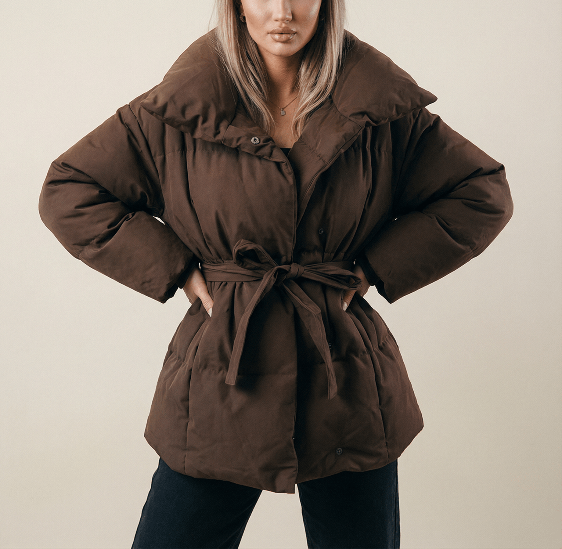Serena Belted High-Collar Winter Puffer Jacket