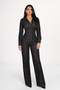 Serena Denim Two Piece Set Button Up Top Wide Leg Pants