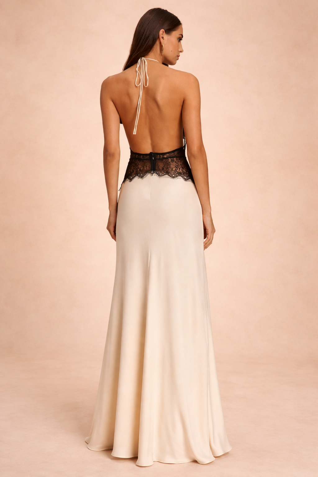 Serena Halter Satin Lace Open Back Maxi Dress