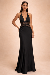 Serena Halter Satin Lace Open Back Maxi Dress