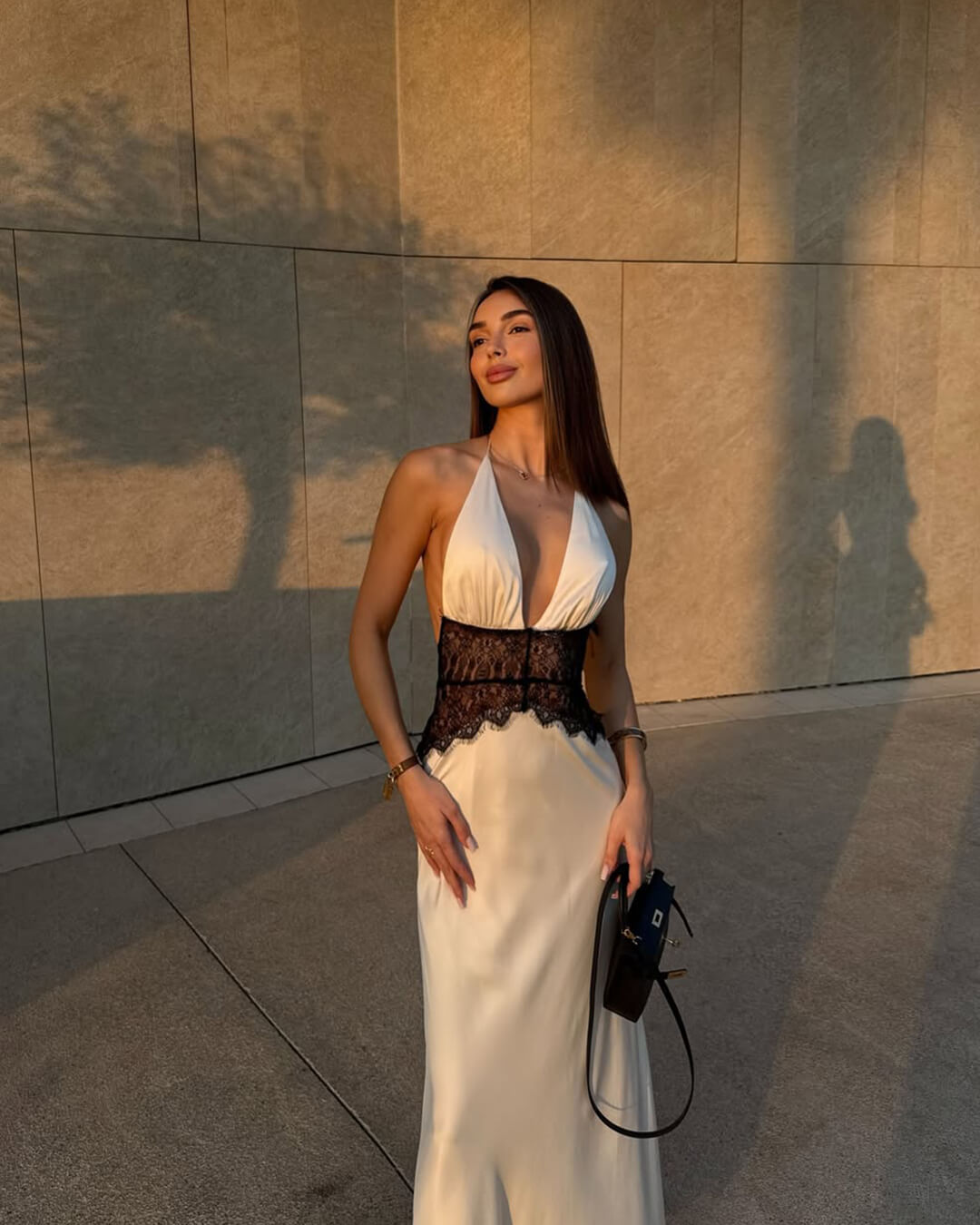 Serena Halter Satin Lace Open Back Maxi Dress