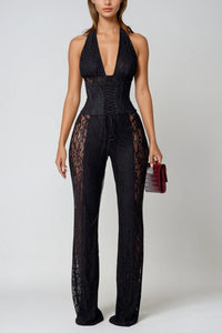 Serena Lace Plunge Halter Cutout Jumpsuit