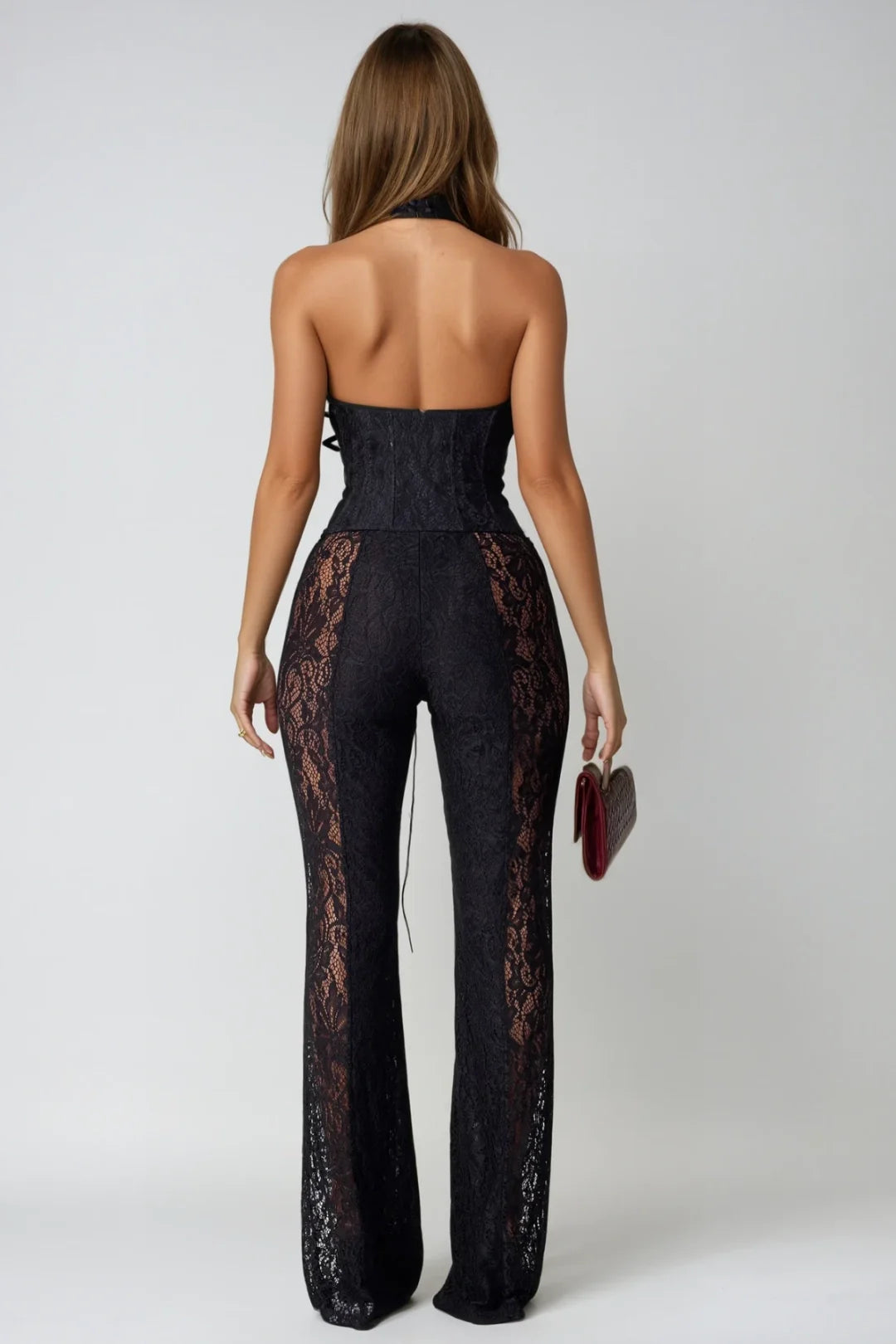 Serena Lace Plunge Halter Cutout Jumpsuit
