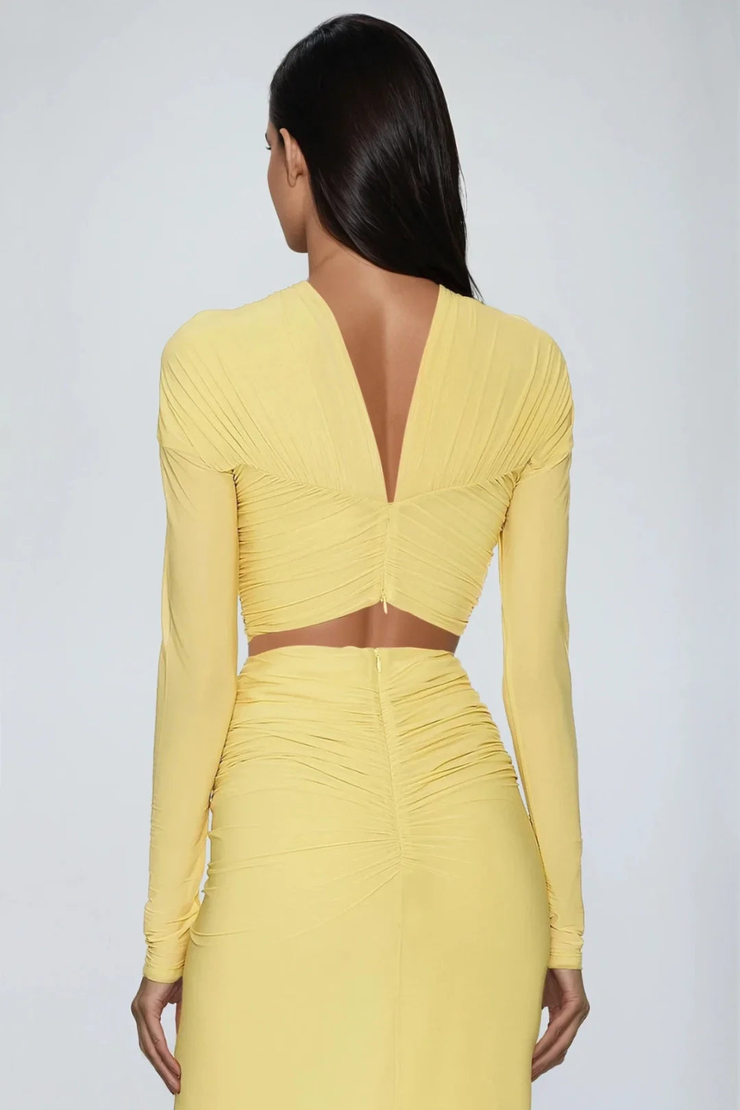 Serena Two Piece Set Ruched Maxi Skirt Long Sleeve Crop Top