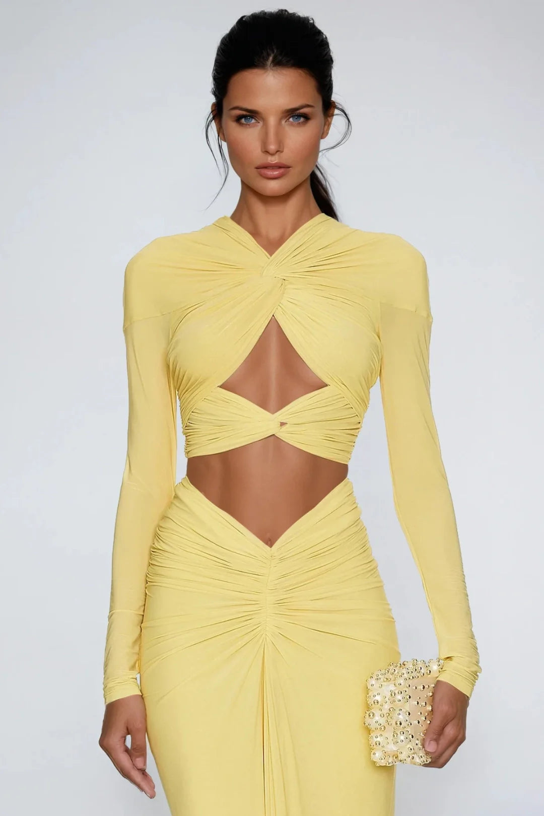 Serena Two Piece Set Ruched Maxi Skirt Long Sleeve Crop Top