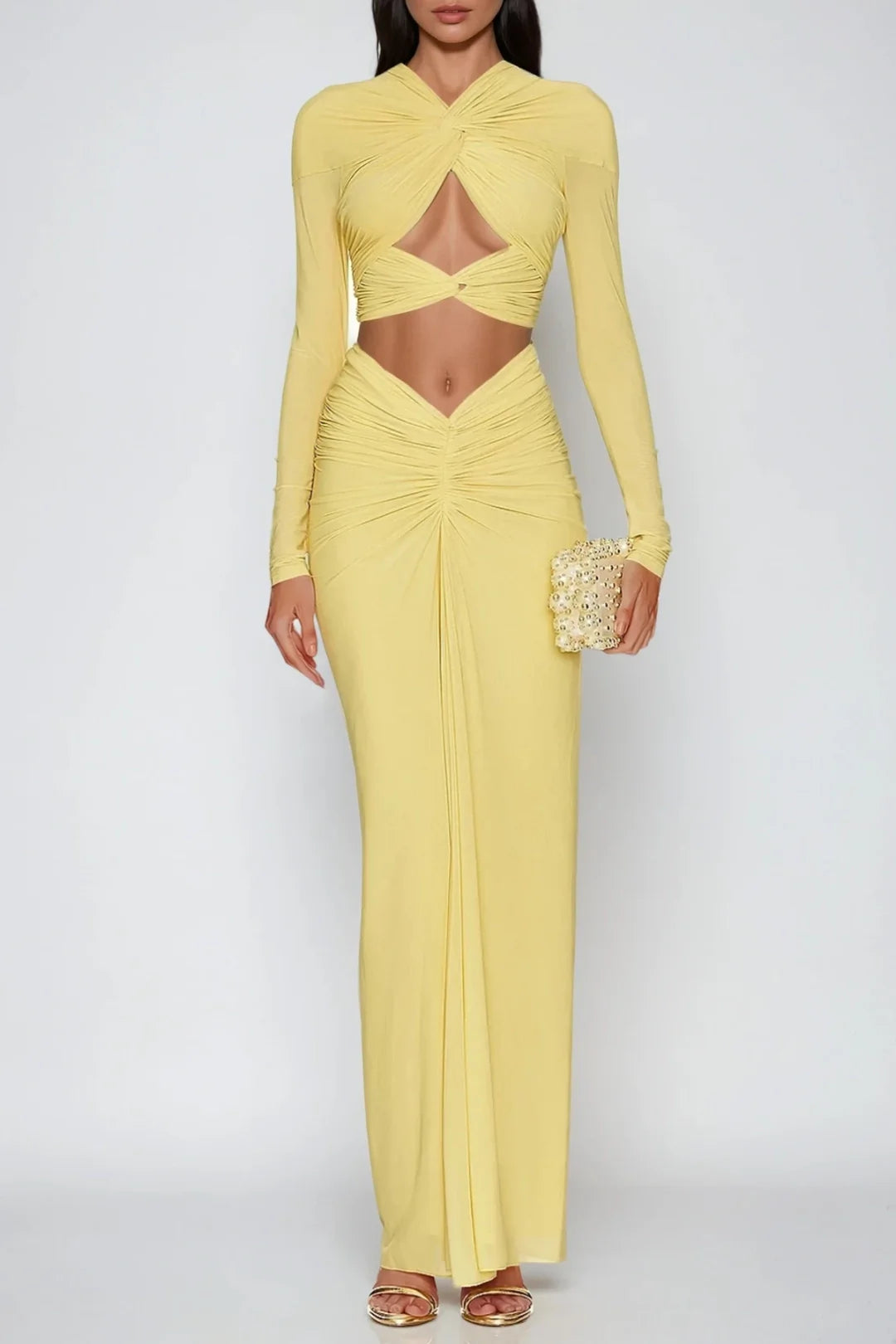 Serena Two Piece Set Ruched Maxi Skirt Long Sleeve Crop Top