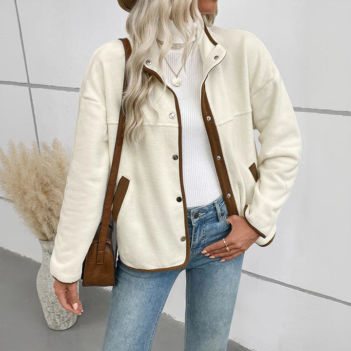 Sienna Contrast-Trim Teddy Fleece Snap Jacket