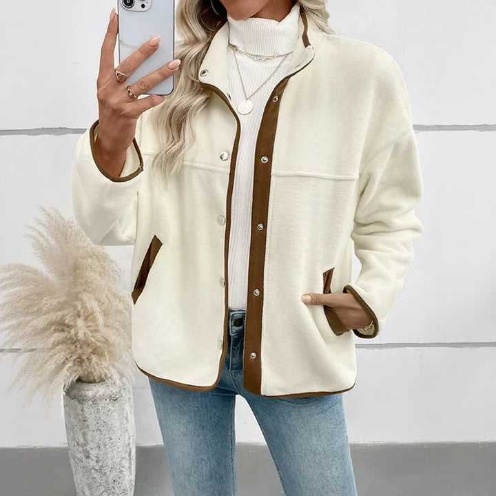 Sienna Contrast-Trim Teddy Fleece Snap Jacket