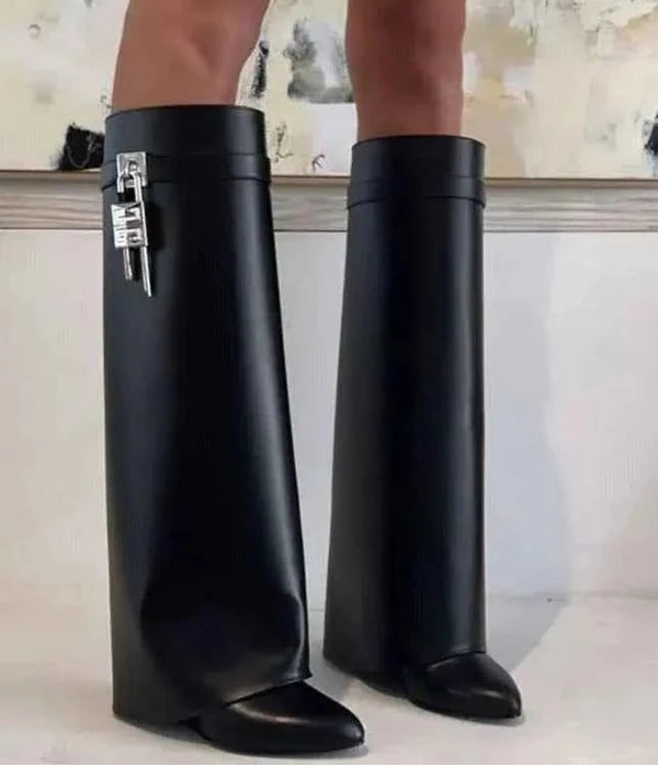 Sienna Modern Padlock Fold-Over Knee-High Boots