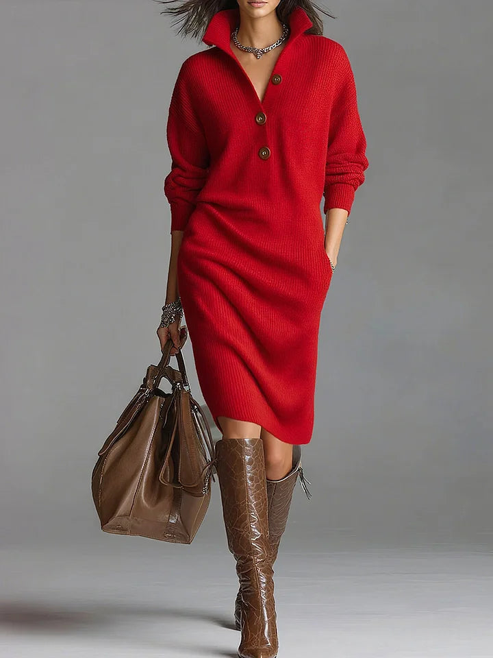 Sienna Ribbed Collared Button-Front Sweater Dress