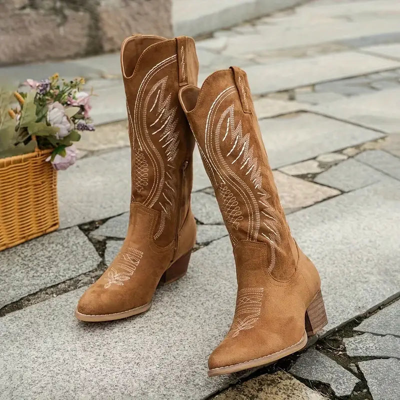 Sierra Embroidered Suede Western Knee-High Boots