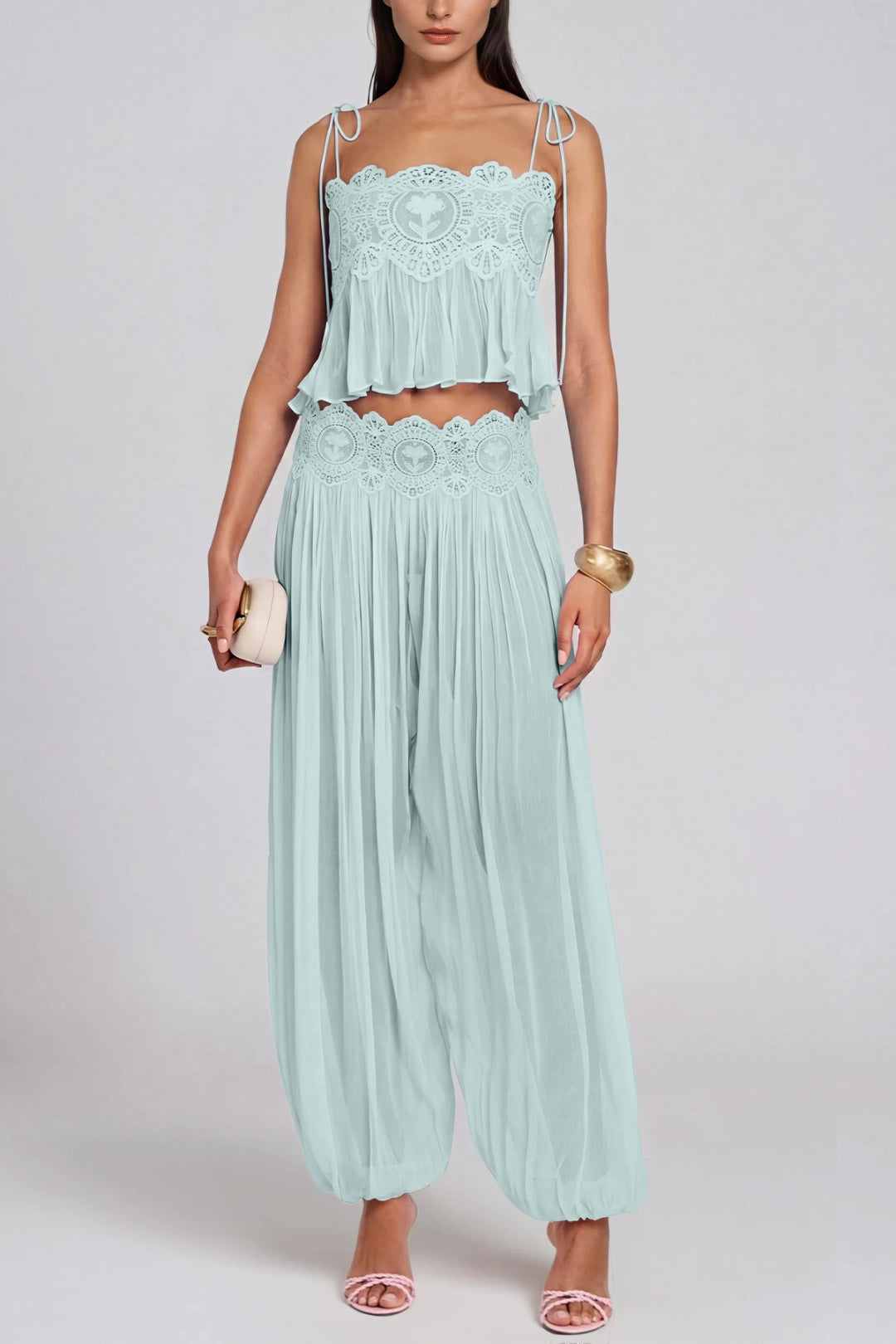 Thalia Lace-Trimmed Ruched Camisole & Harem Pants Set