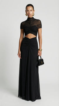 Valcera Ruched Mesh Cut-Out Maxi Dress High Neck