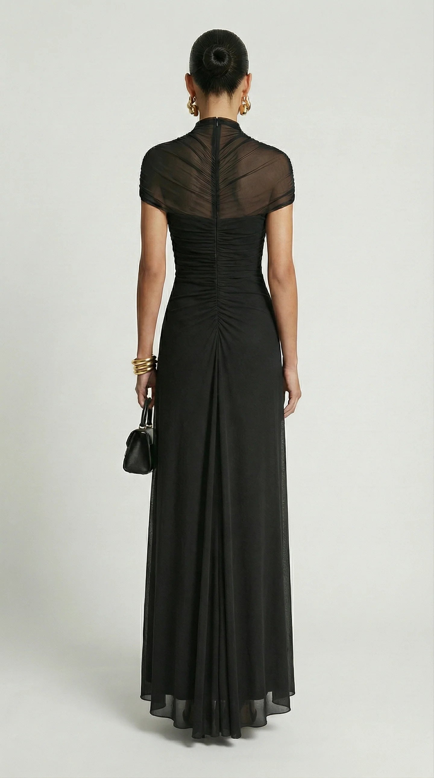 Valcera Ruched Mesh Cut-Out Maxi Dress High Neck