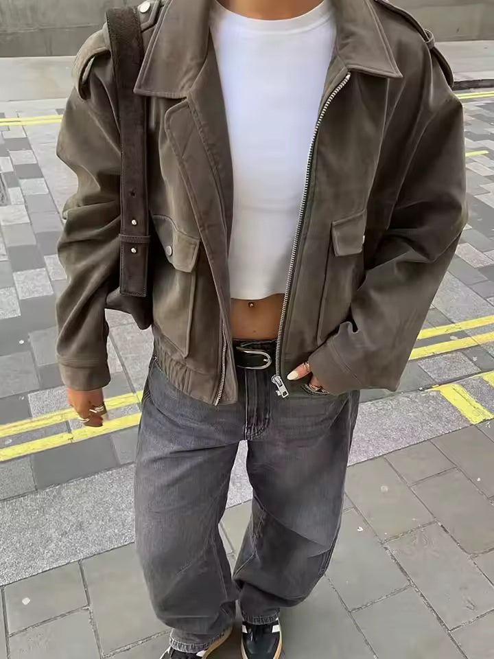 Valentina Cropped Suede Bomber Jacket