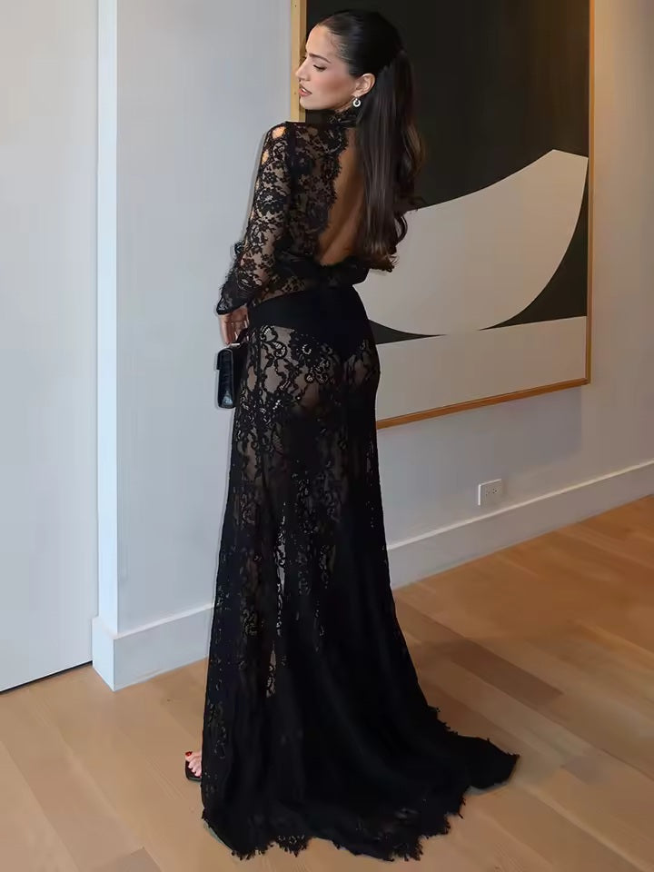 Valerisse Long Sleeve Lace Cutout Maxi Dress