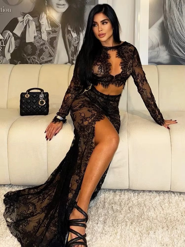 Valerisse Long Sleeve Lace Cutout Maxi Dress