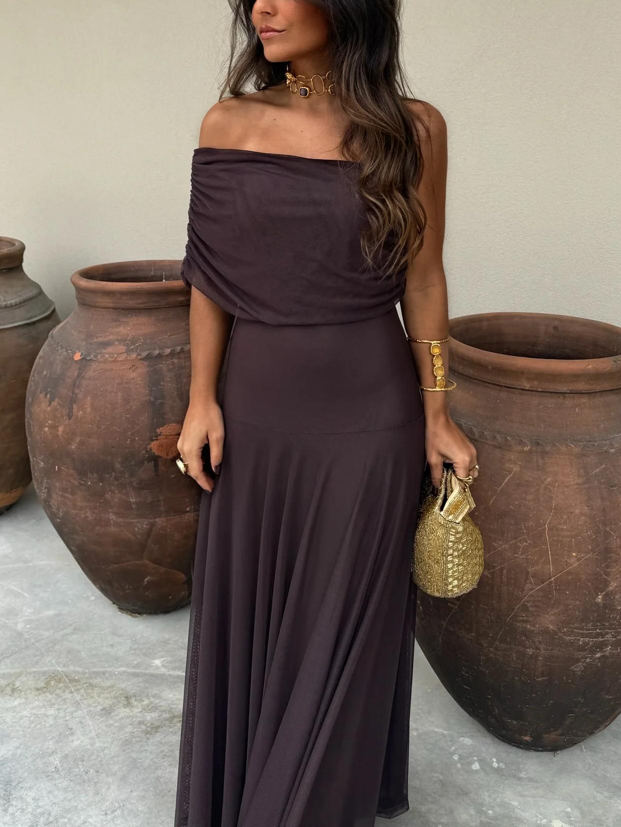 Valerisse Off-Shoulder Chiffon Evening Maxi Dress