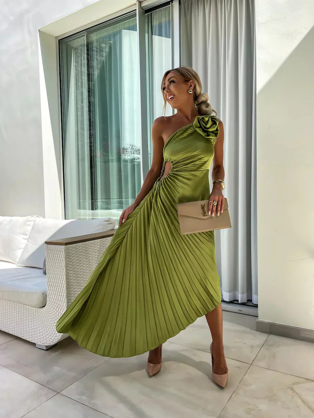 Valerisse One-Shoulder Pleated Midi Dress