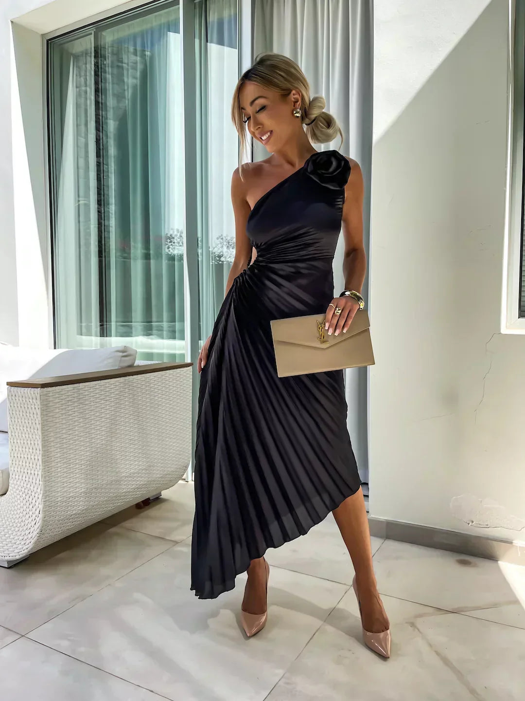 Valerisse One-Shoulder Pleated Midi Dress