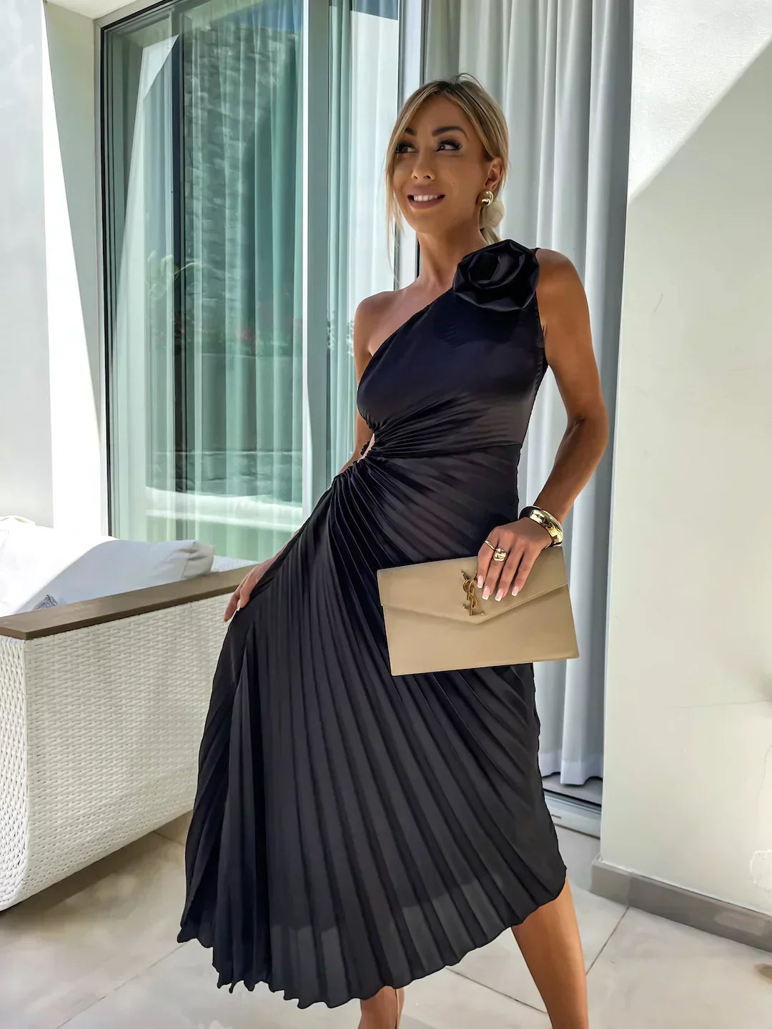 Valerisse One-Shoulder Pleated Midi Dress