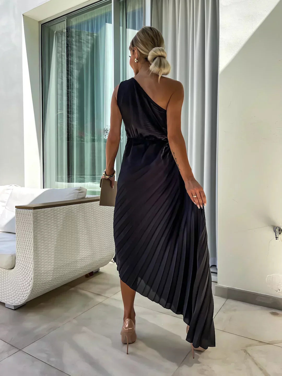 Valerisse One-Shoulder Pleated Midi Dress