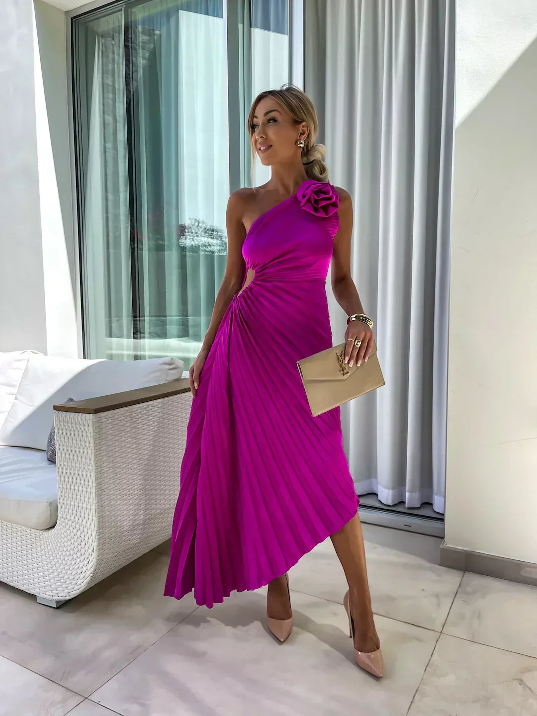 Valerisse One-Shoulder Pleated Midi Dress